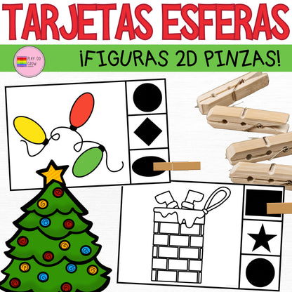 Figuras 2D Tarjetas para Pinzas. Temática Navideña | Preescolar y Primaria. Juego Geometría