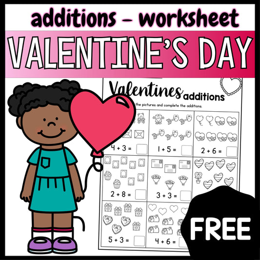 FREE Valentines Additions Worksheet. Kindergarten and Elementary