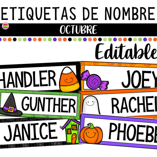 Halloween Etiquetas Nombre Escritorio | Preescolar y Primaria. Octubre